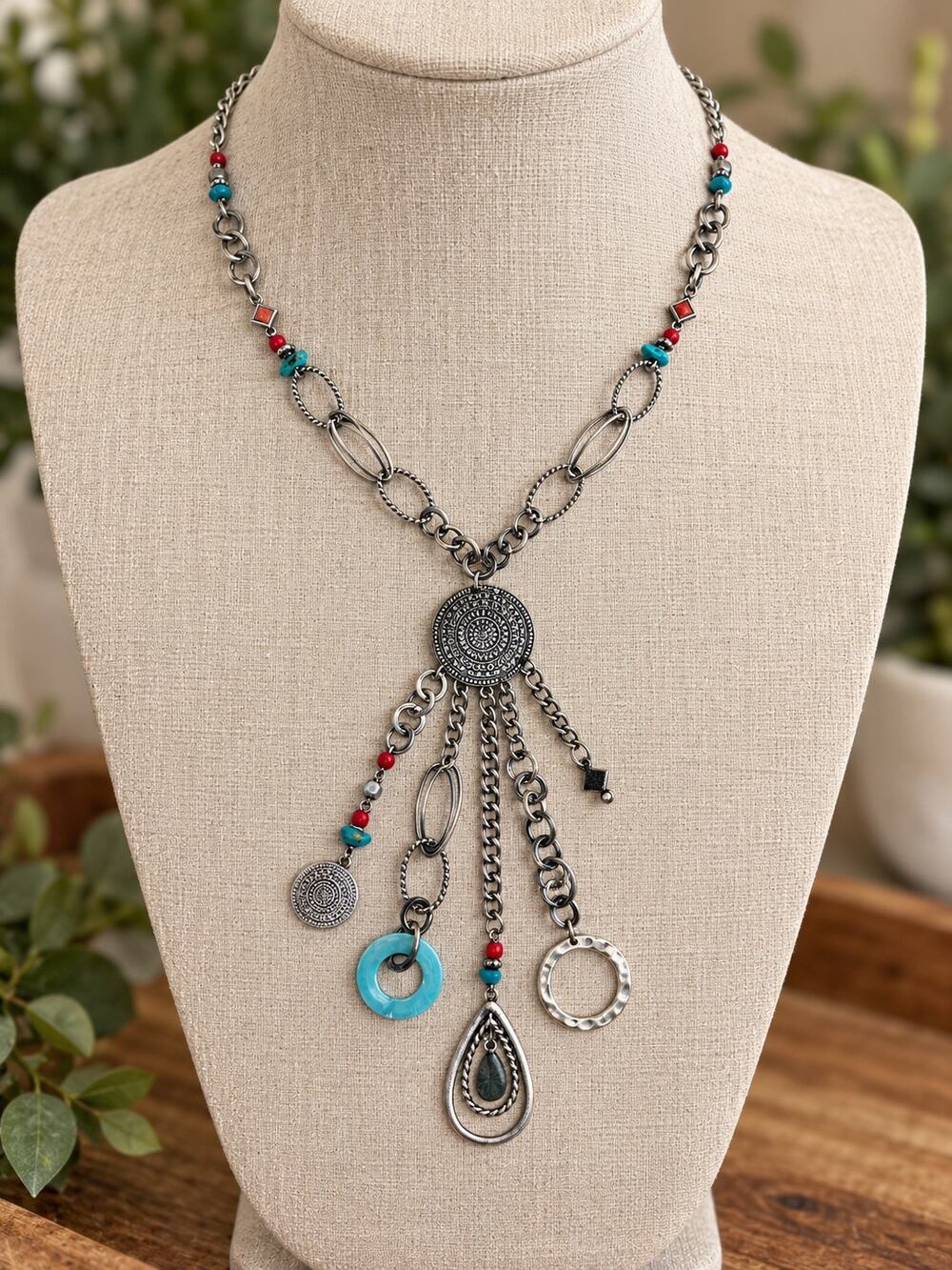 Ruby Rd Boho Statement Necklace Silver Tone Turquoise Red Beaded Dangle Pendant